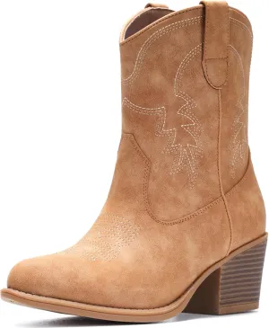 IXU Cowboy Boots for Women Ankle Cowgirl Booties Wide Mid Calf Pointed Toe Western Boots Short Chunky Classic Booties