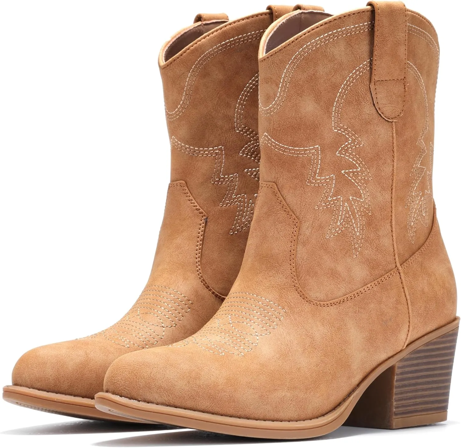IXU Cowboy Boots for Women Ankle Cowgirl Booties Wide Mid Calf Pointed Toe Western Boots Short Chunky Classic Booties