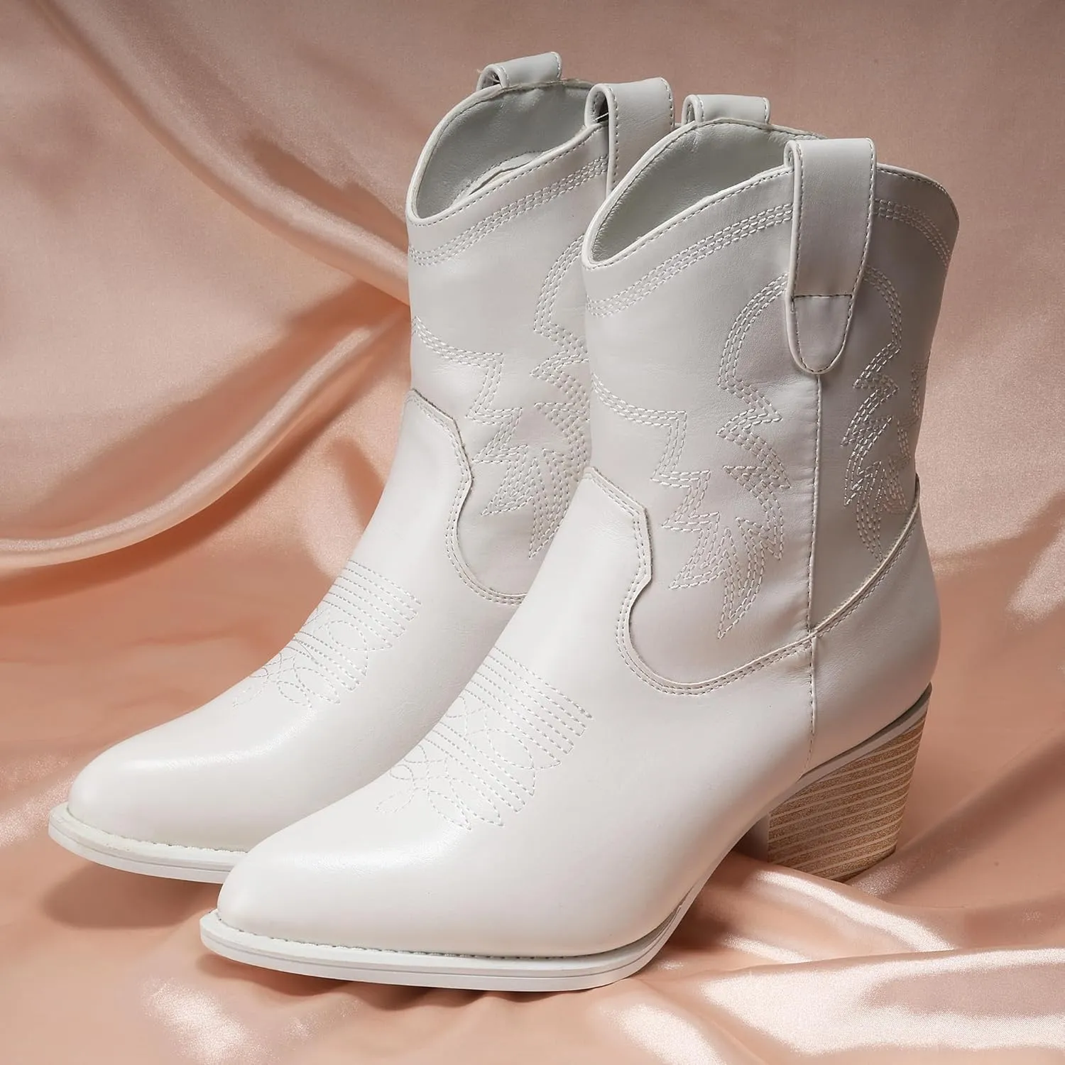 IXU Cowboy Boots for Women Ankle Cowgirl Booties Wide Mid Calf Pointed Toe Western Boots Short Chunky Classic Booties