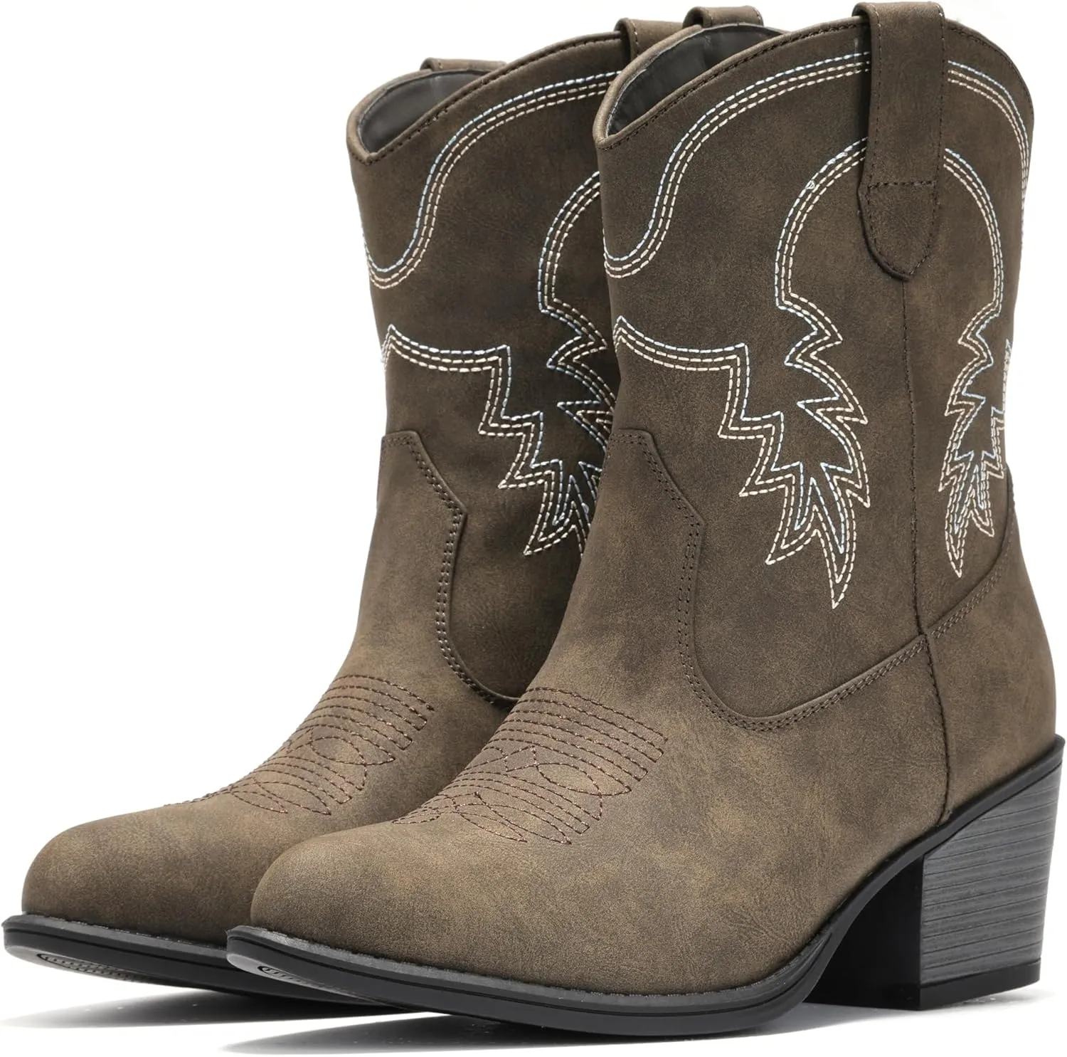 IXU Cowboy Boots for Women Ankle Cowgirl Booties Wide Mid Calf Pointed Toe Western Boots Short Chunky Classic Booties