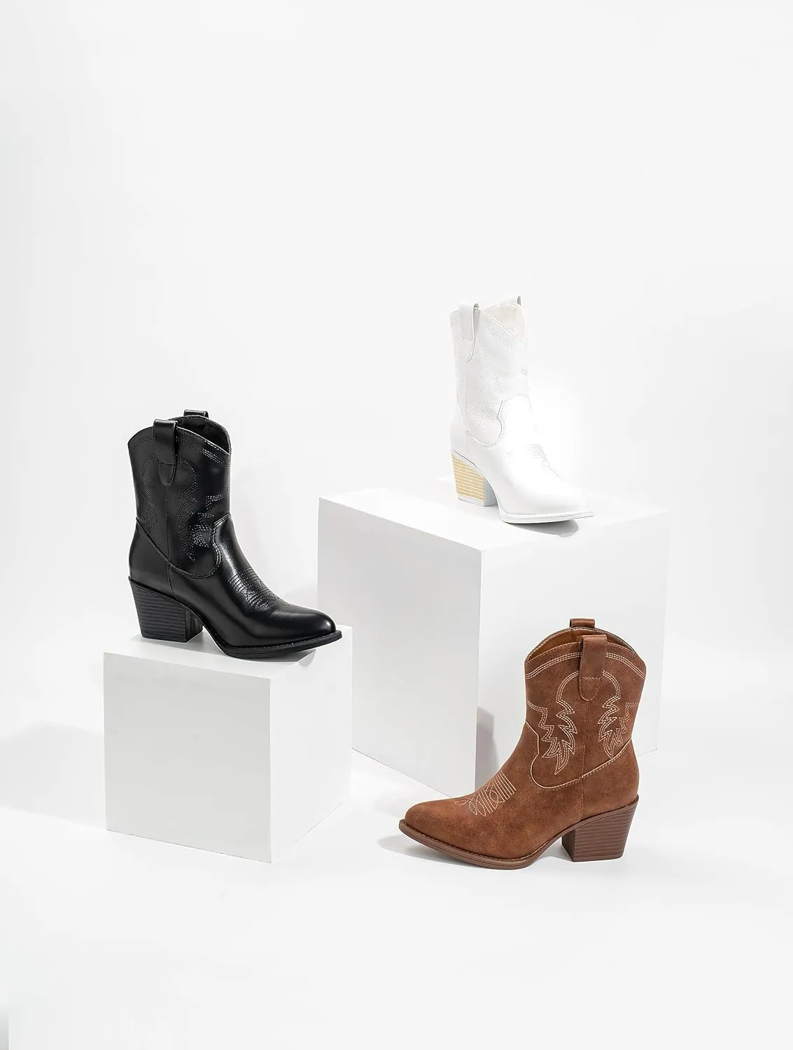 IXU Cowboy Boots for Women Ankle Cowgirl Booties Wide Mid Calf Pointed Toe Western Boots Short Chunky Classic Booties