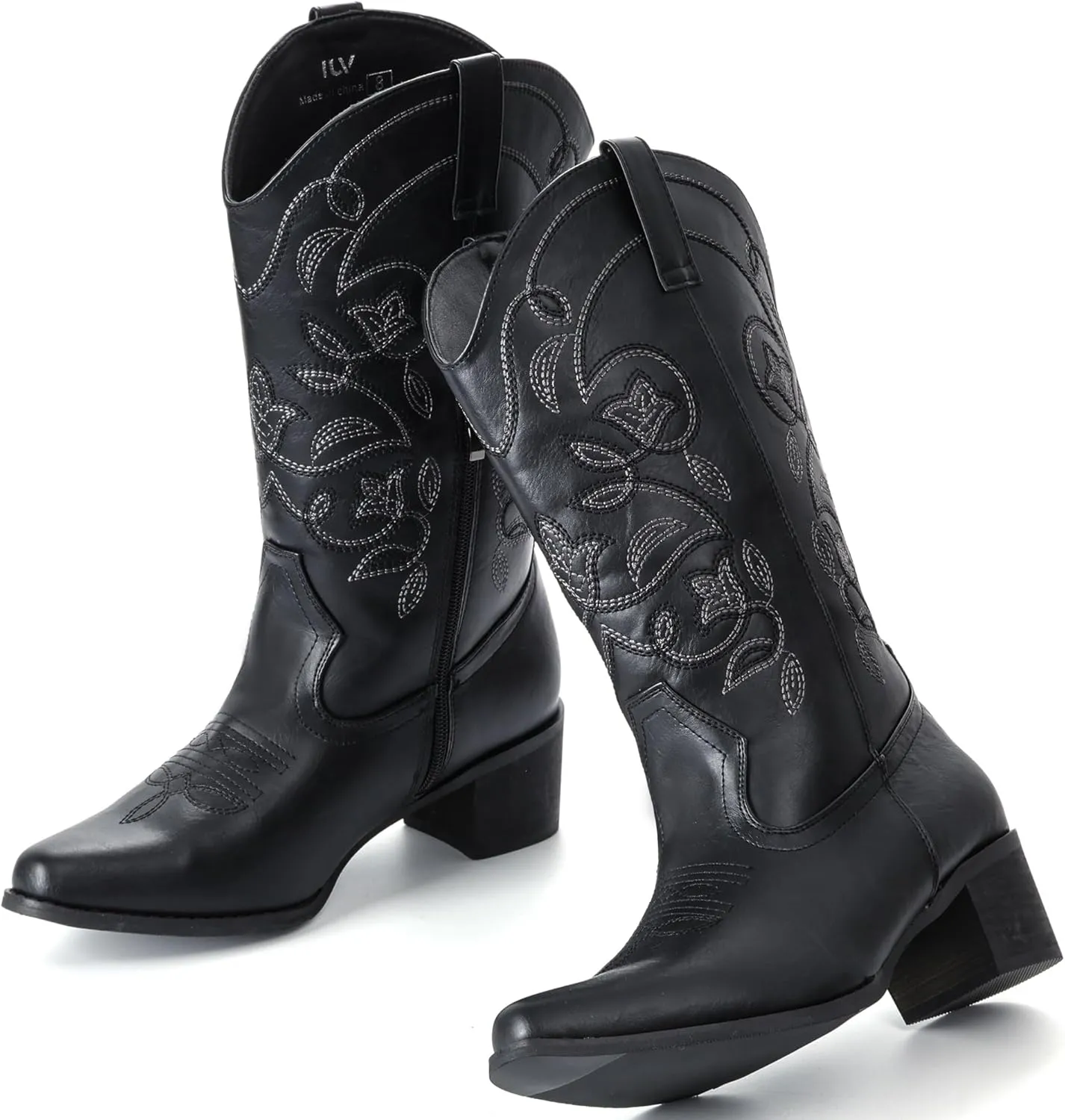 IXU Cowboy Boots For Women Wide Calf Pointy Toe Cowgirl Boots Mid Calf Western Boots