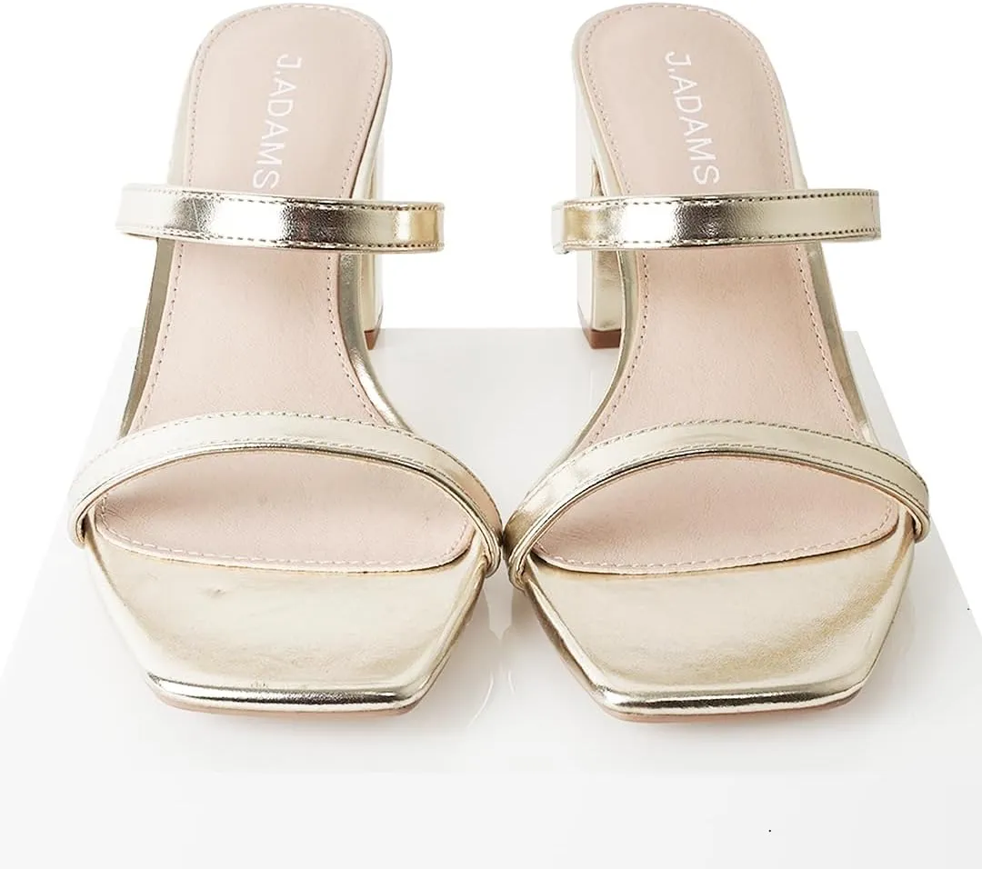 J. Adams Stormi Heeled Sandals Women Dressy Summer Flat Mules- Square Toe Double Band Low Block Heel Sandals - Chunky Sandals for Women - Summer Sandals, Womens Dress Sandals, Women's Heeled Sandals