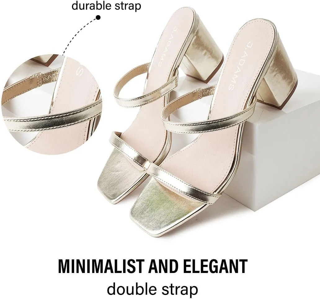 J. Adams Stormi Heeled Sandals Women Dressy Summer Flat Mules- Square Toe Double Band Low Block Heel Sandals - Chunky Sandals for Women - Summer Sandals, Womens Dress Sandals, Women's Heeled Sandals