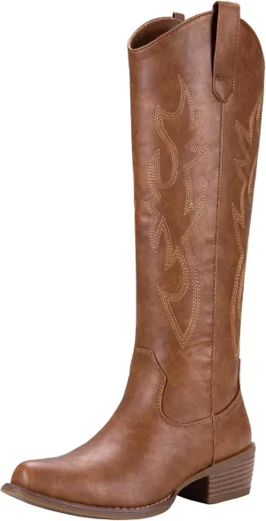 Jeossy Women's Cowboy Boots Embroided Western Cowgirl Boots Square Toe Knee High Pull on Wide Calf Shoes with Inside Zipper