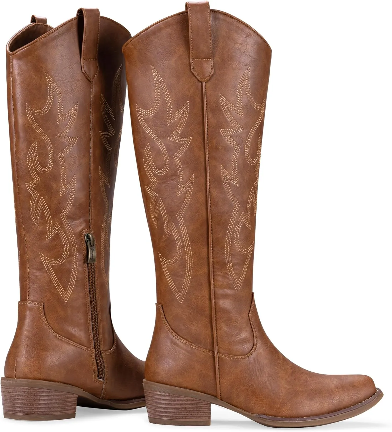 Jeossy Women's Cowboy Boots Embroided Western Cowgirl Boots Square Toe Knee High Pull on Wide Calf Shoes with Inside Zipper
