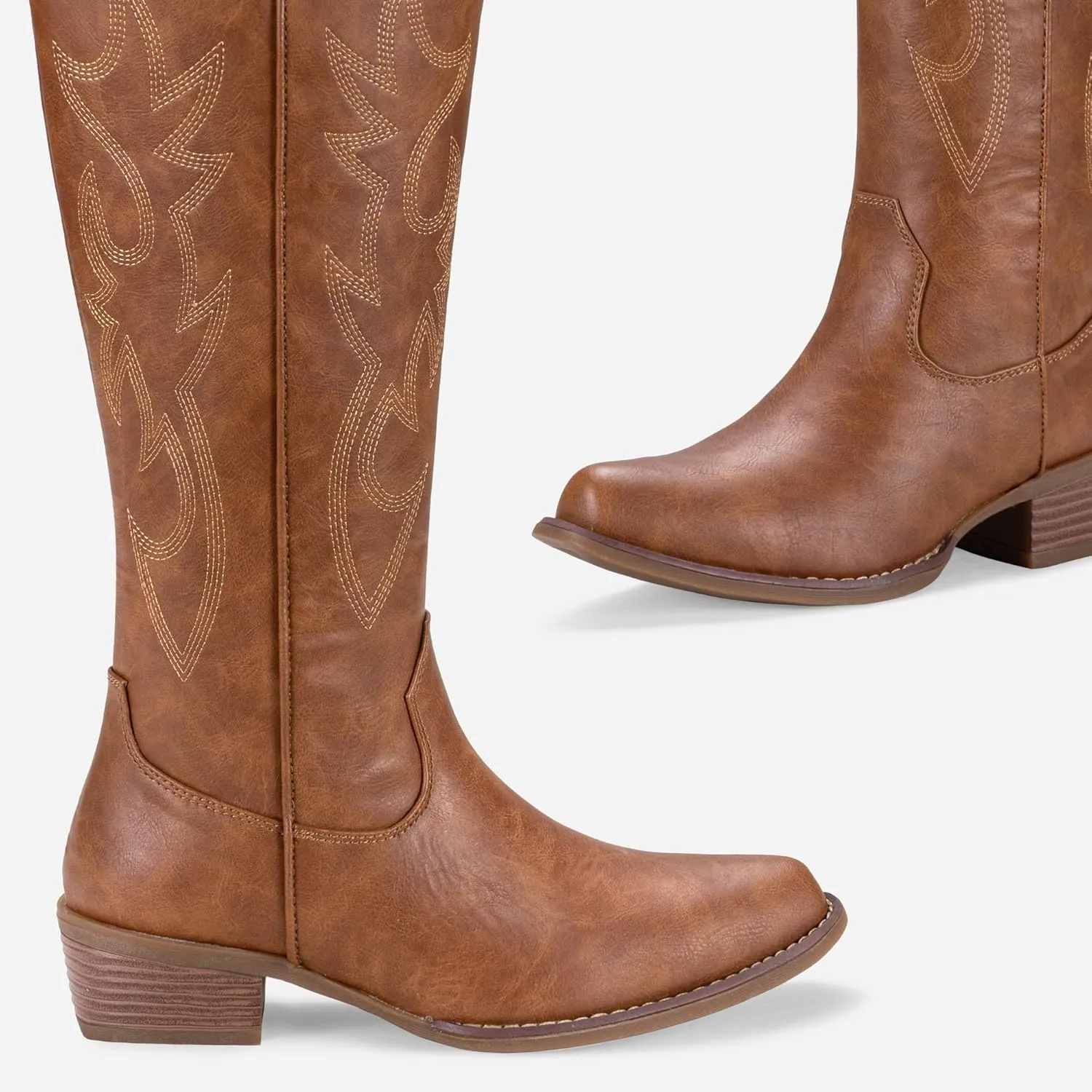 Jeossy Women's Cowboy Boots Embroided Western Cowgirl Boots Square Toe Knee High Pull on Wide Calf Shoes with Inside Zipper