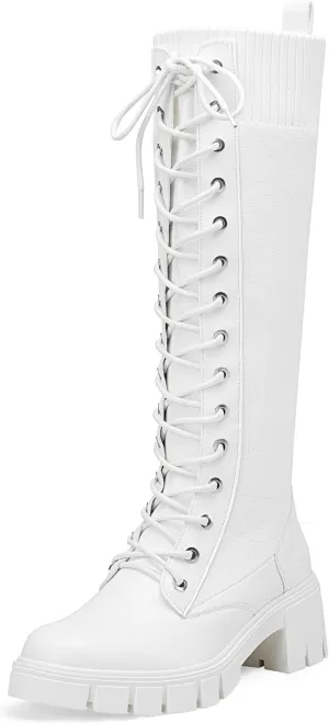 Jeossy Women's Knee High Combat 9603 Boots, Tall Platform Chunky Heel Boots Wide Claf