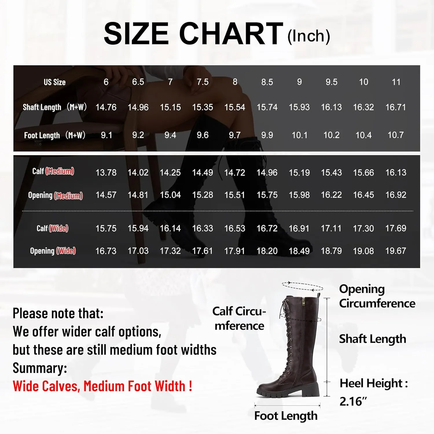 Jeossy Women's Knee High Combat 9603 Boots, Tall Platform Chunky Heel Boots Wide Claf
