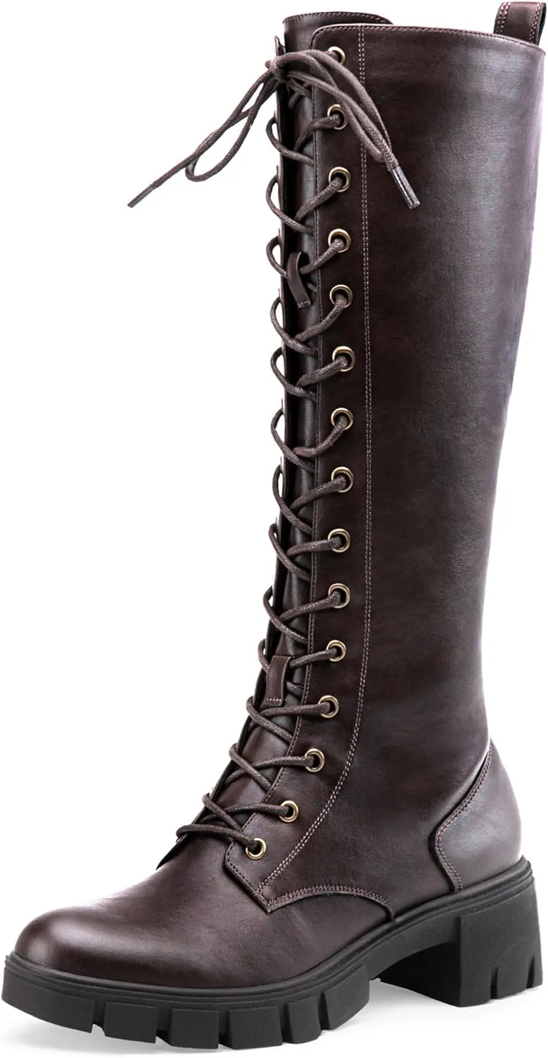 Jeossy Women's Knee High Combat 9603 Boots, Tall Platform Chunky Heel Boots Wide Claf