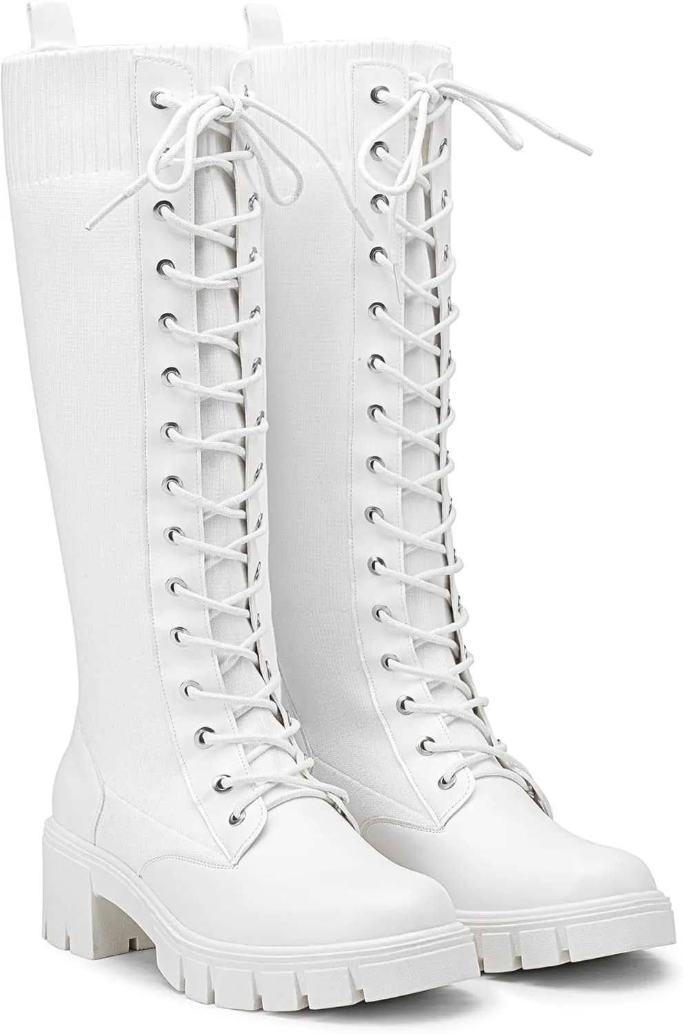 Jeossy Women's Knee High Combat 9603 Boots, Tall Platform Chunky Heel Boots Wide Claf