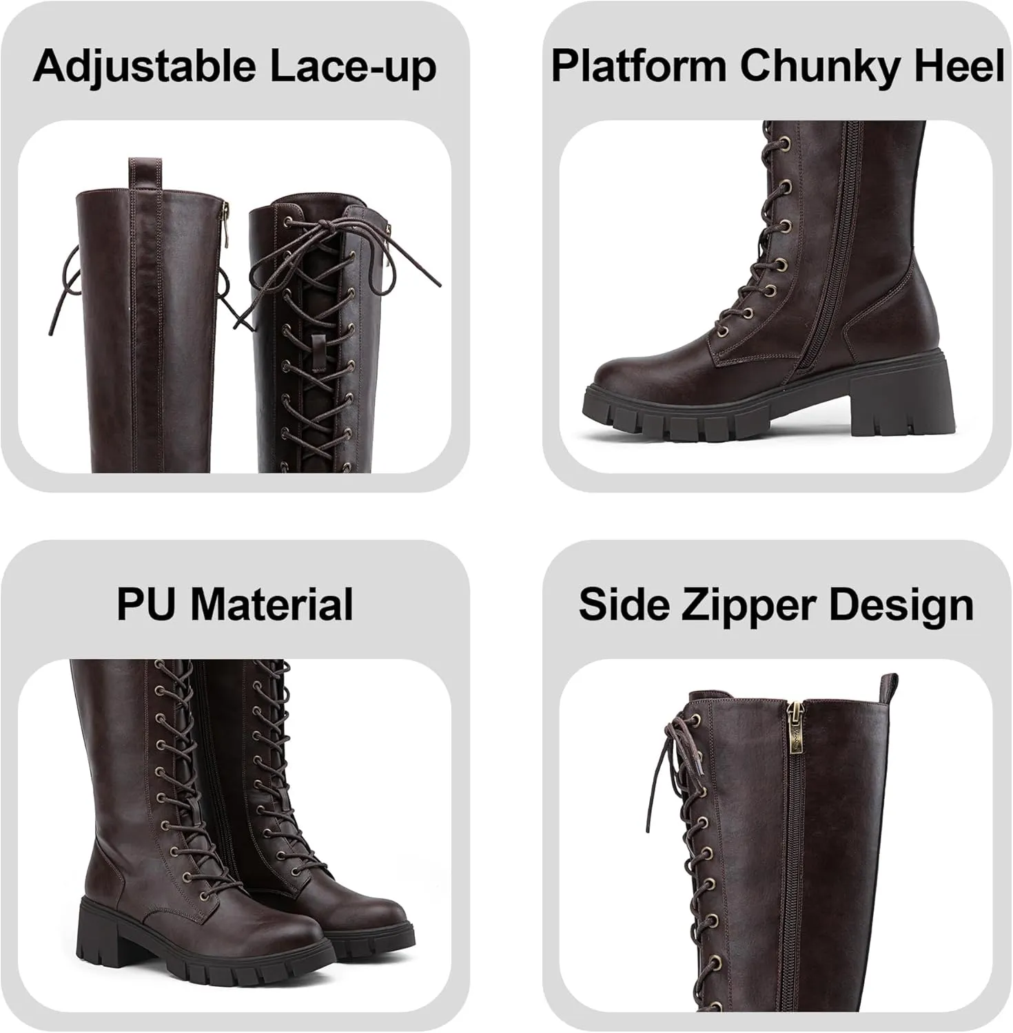 Jeossy Women's Knee High Combat 9603 Boots, Tall Platform Chunky Heel Boots Wide Claf