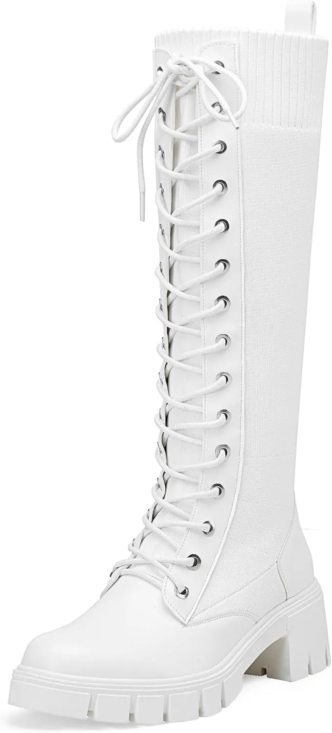 Jeossy Women's Knee High Combat 9603 Boots, Tall Platform Chunky Heel Boots Wide Claf