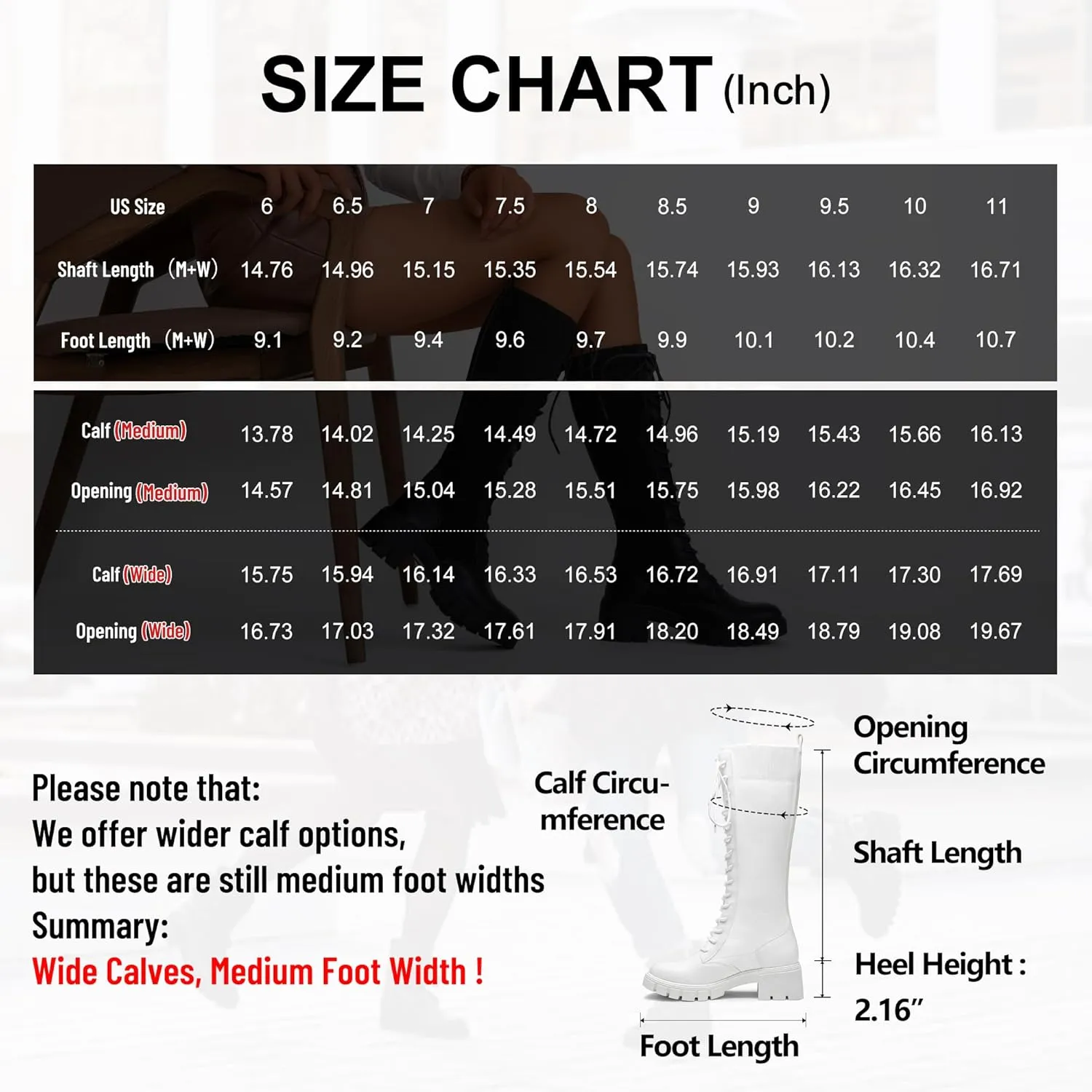 Jeossy Women's Knee High Combat 9603 Boots, Tall Platform Chunky Heel Boots Wide Claf