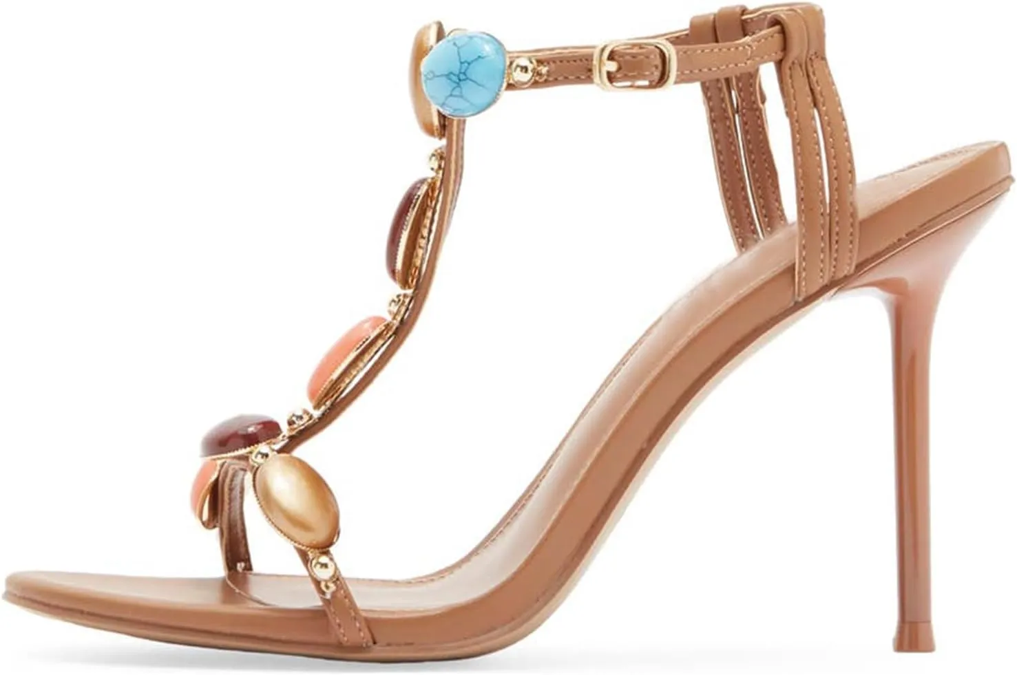 Jewelled Heeled Sandals for Women Round Open Toe High Heels Comfortable Strappy Ankle Buckle Strap Stilettos Pumps Shoes