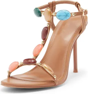 Jewelled Heeled Sandals for Women Round Open Toe High Heels Comfortable Strappy Ankle Buckle Strap Stilettos Pumps Shoes