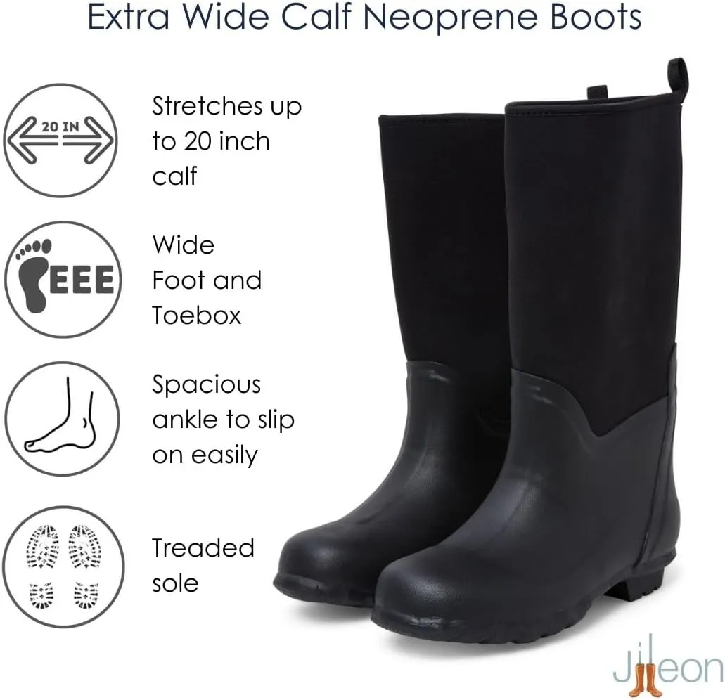 Jileon Wide Fit Rain Boots for Men & Women - up to 20 inch Calf - Warm Waterproof Flexible Neoprene - Wide in Foot and Calf