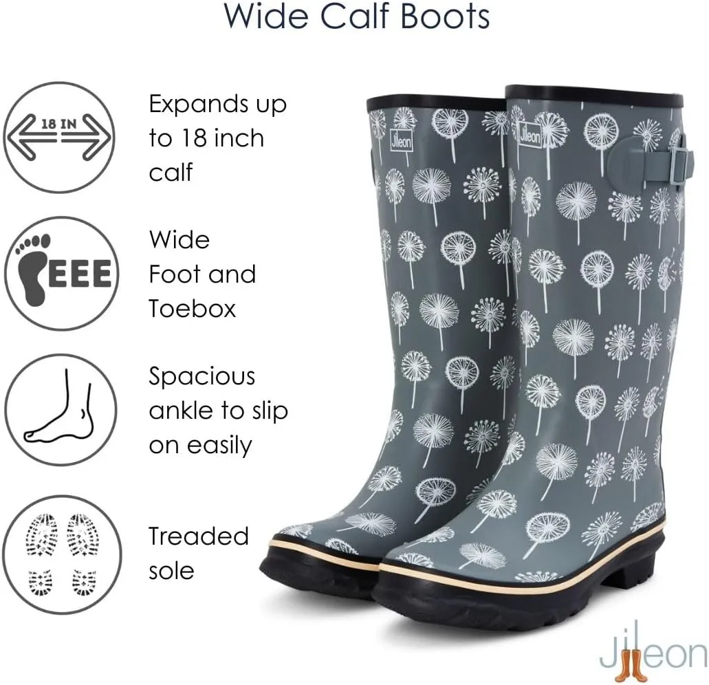 Jileon Wide Fit Womens Rain Boots - Fit up to 18” Calves - Unique Design For Wide Feet, Ankles & Calves