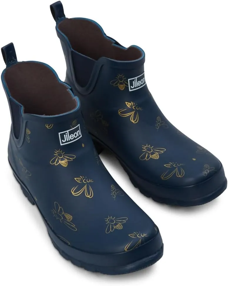 Jileon Womens Ankle Height Waterproof Rubber Rain Boots - Designed For Wide Feet & Wide Calves - Easy to Slip on and Off