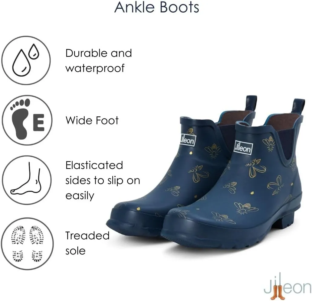 Jileon Womens Ankle Height Waterproof Rubber Rain Boots - Designed For Wide Feet & Wide Calves - Easy to Slip on and Off