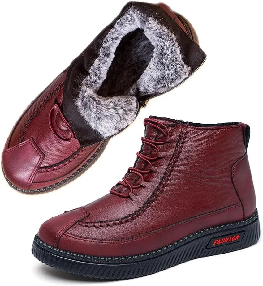 JishinGal Women's Winter New Fleece Thickened Warm Soft Bottom Cotton Boots Waterproof Slip-on Snow Shoes Leather Ankle Booties