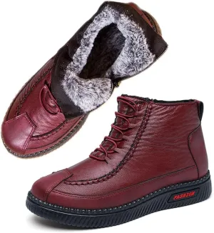 JishinGal Women's Winter New Fleece Thickened Warm Soft Bottom Cotton Boots Waterproof Slip-on Snow Shoes Leather Ankle Booties