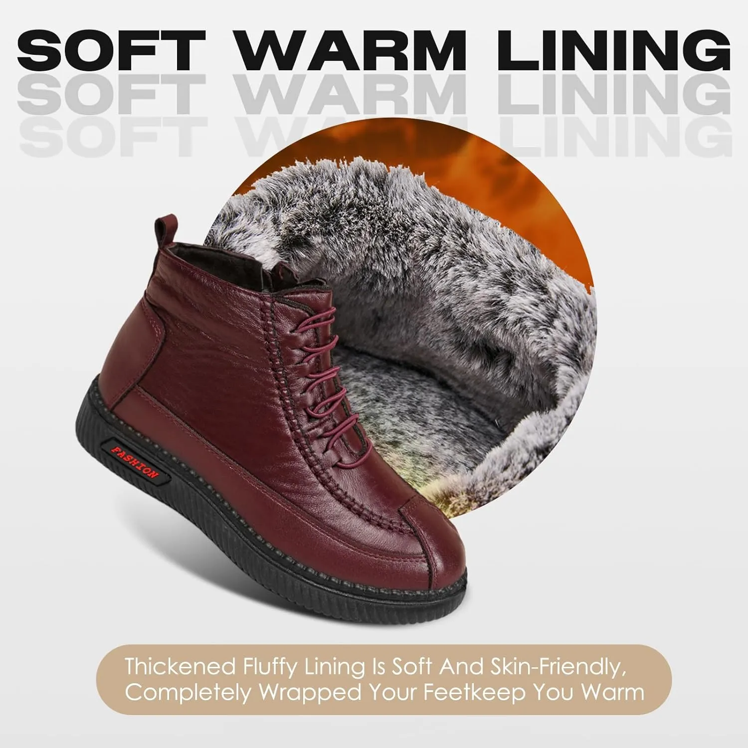 JishinGal Women's Winter New Fleece Thickened Warm Soft Bottom Cotton Boots Waterproof Slip-on Snow Shoes Leather Ankle Booties