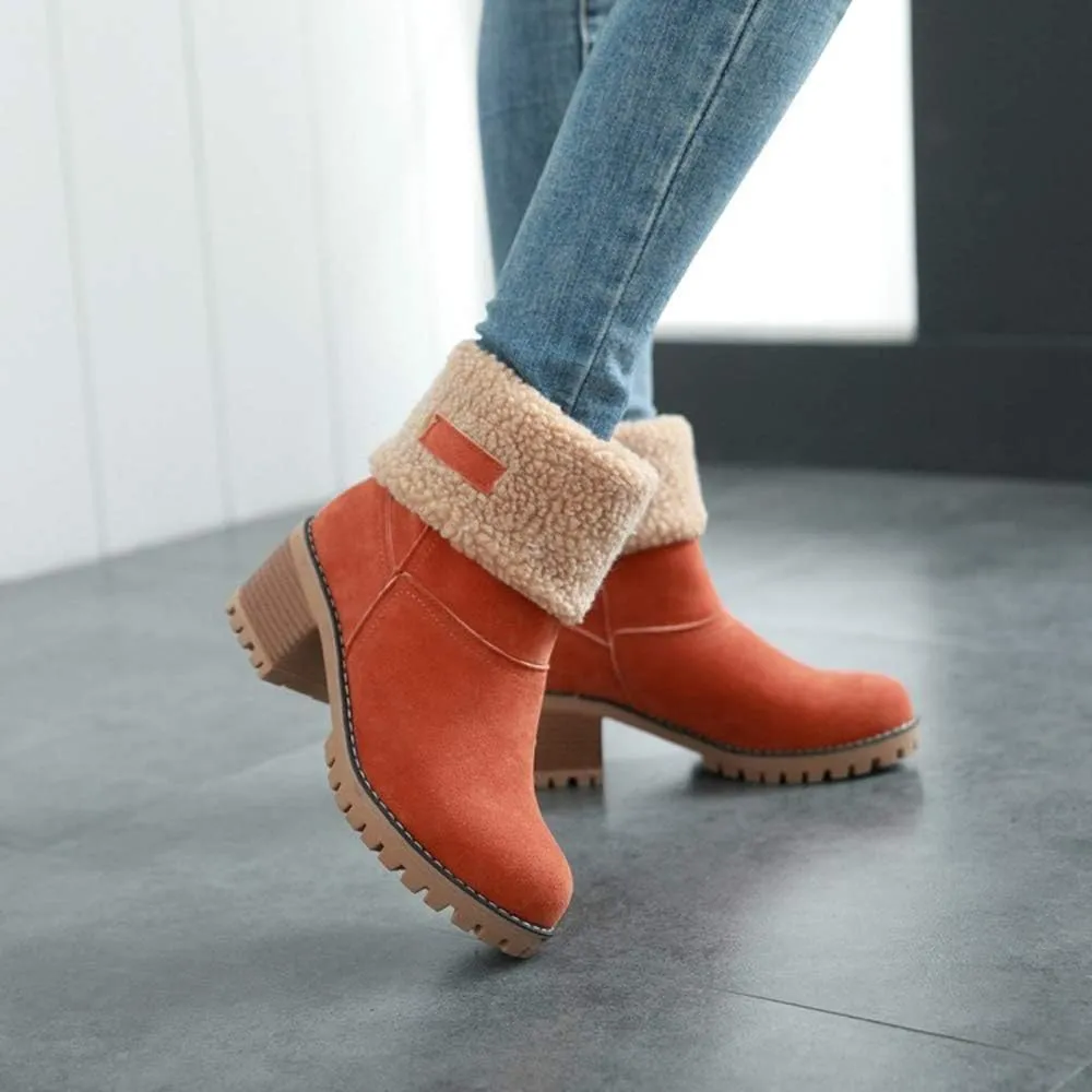 JITUUE Winter Snow Boots for Women Mid Heel Ankle Booties Faux Suede Fur Lined Slip-on Shoes
