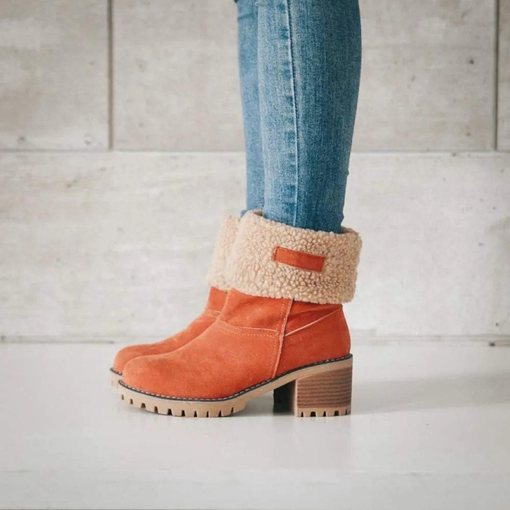 JITUUE Winter Snow Boots for Women Mid Heel Ankle Booties Faux Suede Fur Lined Slip-on Shoes