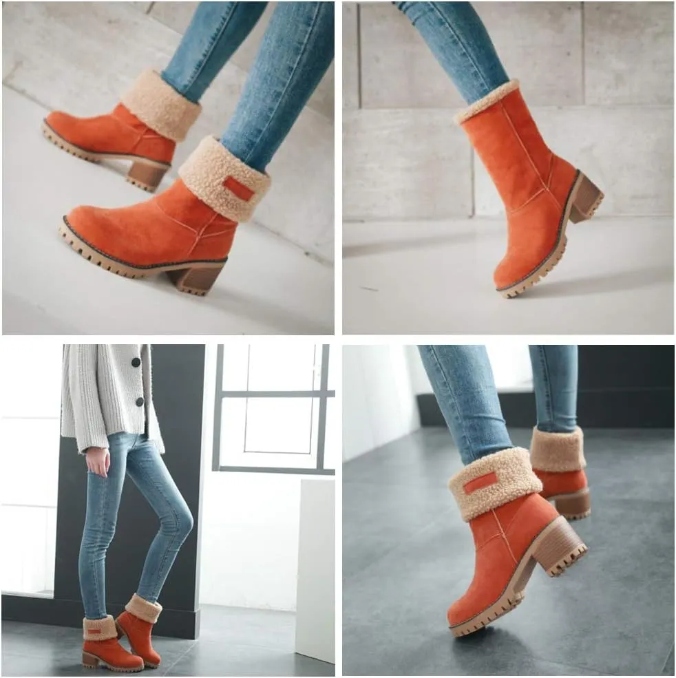 JITUUE Winter Snow Boots for Women Mid Heel Ankle Booties Faux Suede Fur Lined Slip-on Shoes