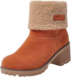 JITUUE Winter Snow Boots for Women Mid Heel Ankle Booties Faux Suede Fur Lined Slip-on Shoes
