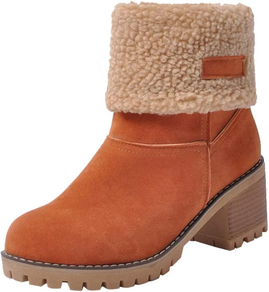 JITUUE Winter Snow Boots for Women Mid Heel Ankle Booties Faux Suede Fur Lined Slip-on Shoes