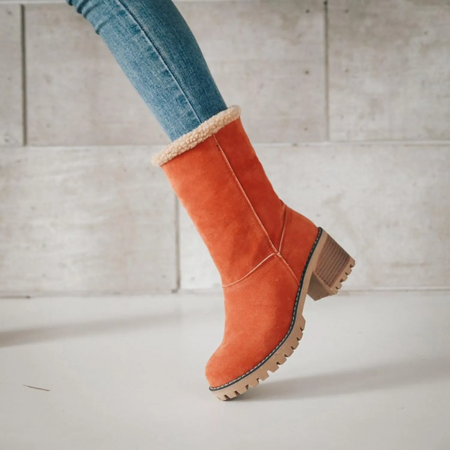 JITUUE Winter Snow Boots for Women Mid Heel Ankle Booties Faux Suede Fur Lined Slip-on Shoes