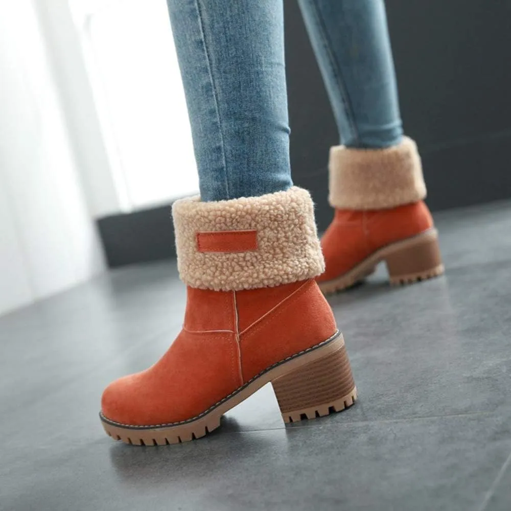 JITUUE Winter Snow Boots for Women Mid Heel Ankle Booties Faux Suede Fur Lined Slip-on Shoes