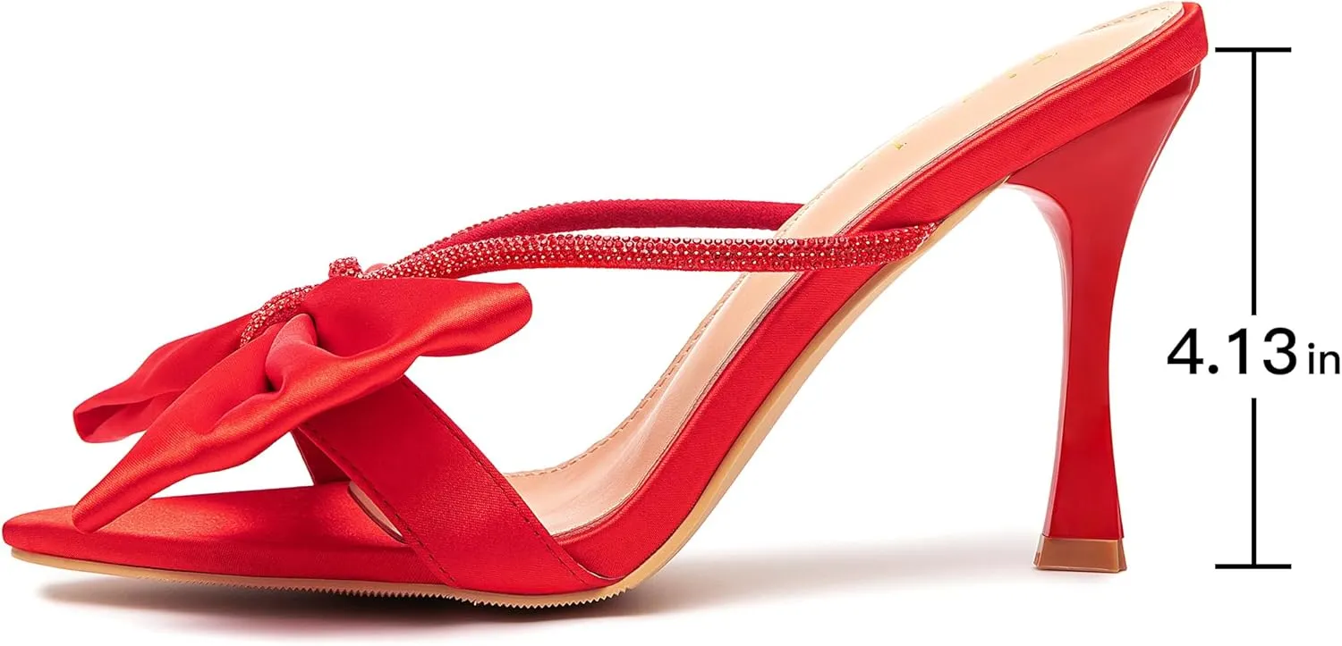 Jiu du Women's Bow Heels Sandals Rhinestone Kitten High Heels Pointed Toe Slip On Mules Heels Wedding Party Dress Pumps