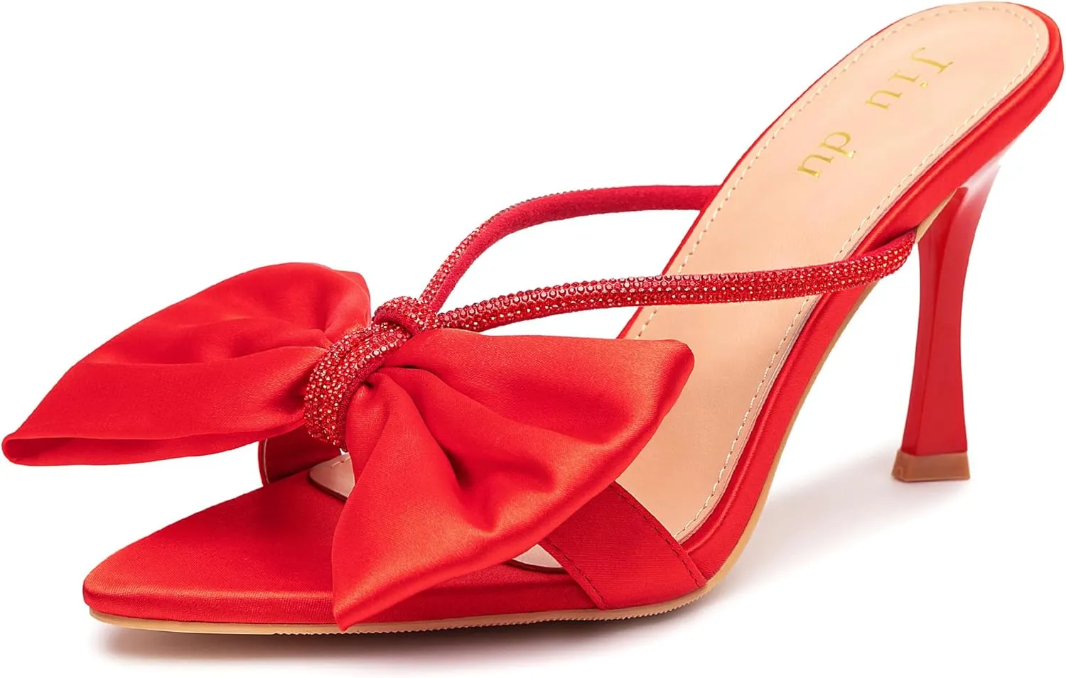 Jiu du Women's Bow Heels Sandals Rhinestone Kitten High Heels Pointed Toe Slip On Mules Heels Wedding Party Dress Pumps