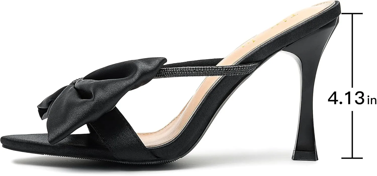 Jiu du Women's Bow Heels Sandals Rhinestone Kitten High Heels Pointed Toe Slip On Mules Heels Wedding Party Dress Pumps