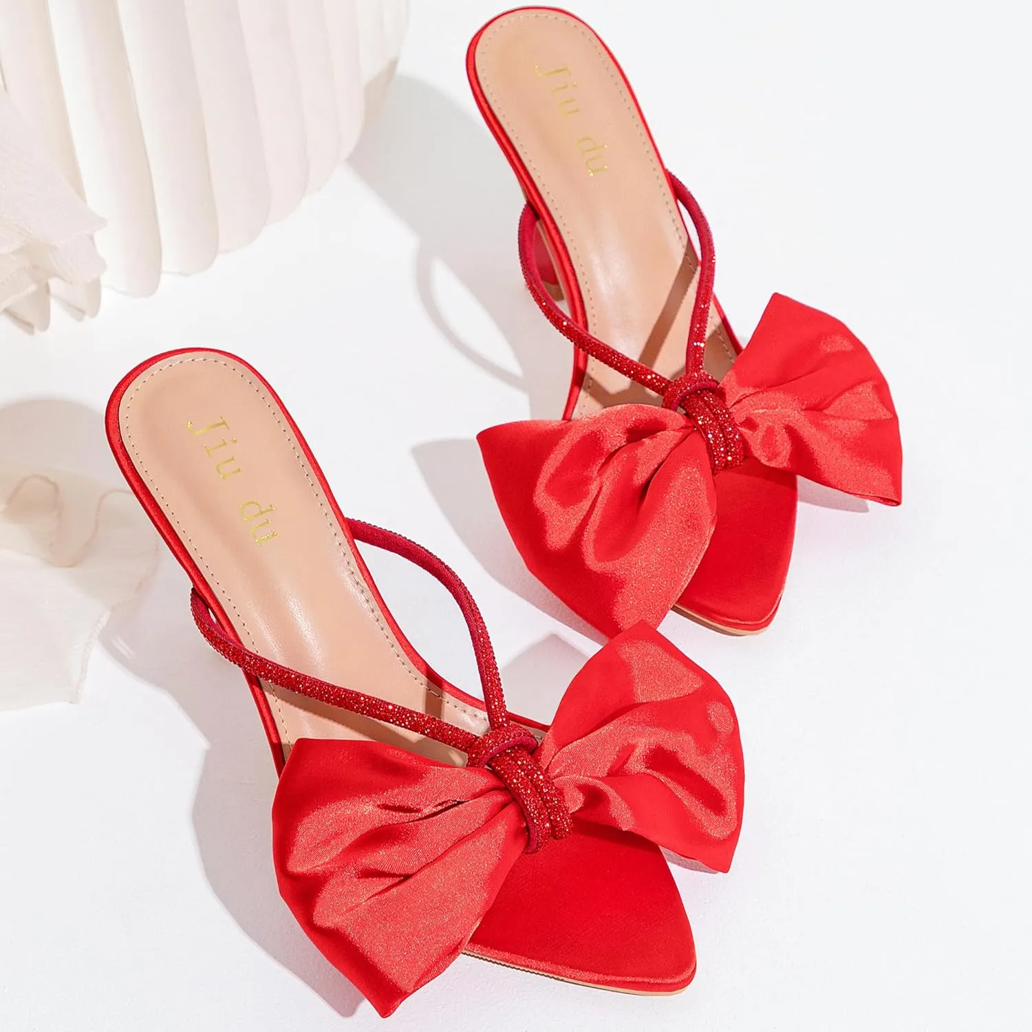 Jiu du Women's Bow Heels Sandals Rhinestone Kitten High Heels Pointed Toe Slip On Mules Heels Wedding Party Dress Pumps