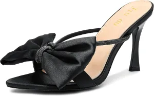 Jiu du Women's Bow Heels Sandals Rhinestone Kitten High Heels Pointed Toe Slip On Mules Heels Wedding Party Dress Pumps
