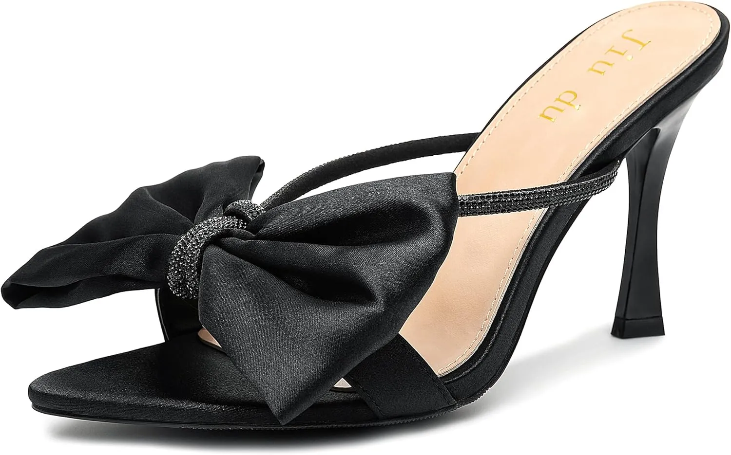 Jiu du Women's Bow Heels Sandals Rhinestone Kitten High Heels Pointed Toe Slip On Mules Heels Wedding Party Dress Pumps