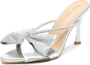 Jiu du Women's Bow Heels Sandals Rhinestone Kitten High Heels Pointed Toe Slip On Mules Heels Wedding Party Dress Pumps