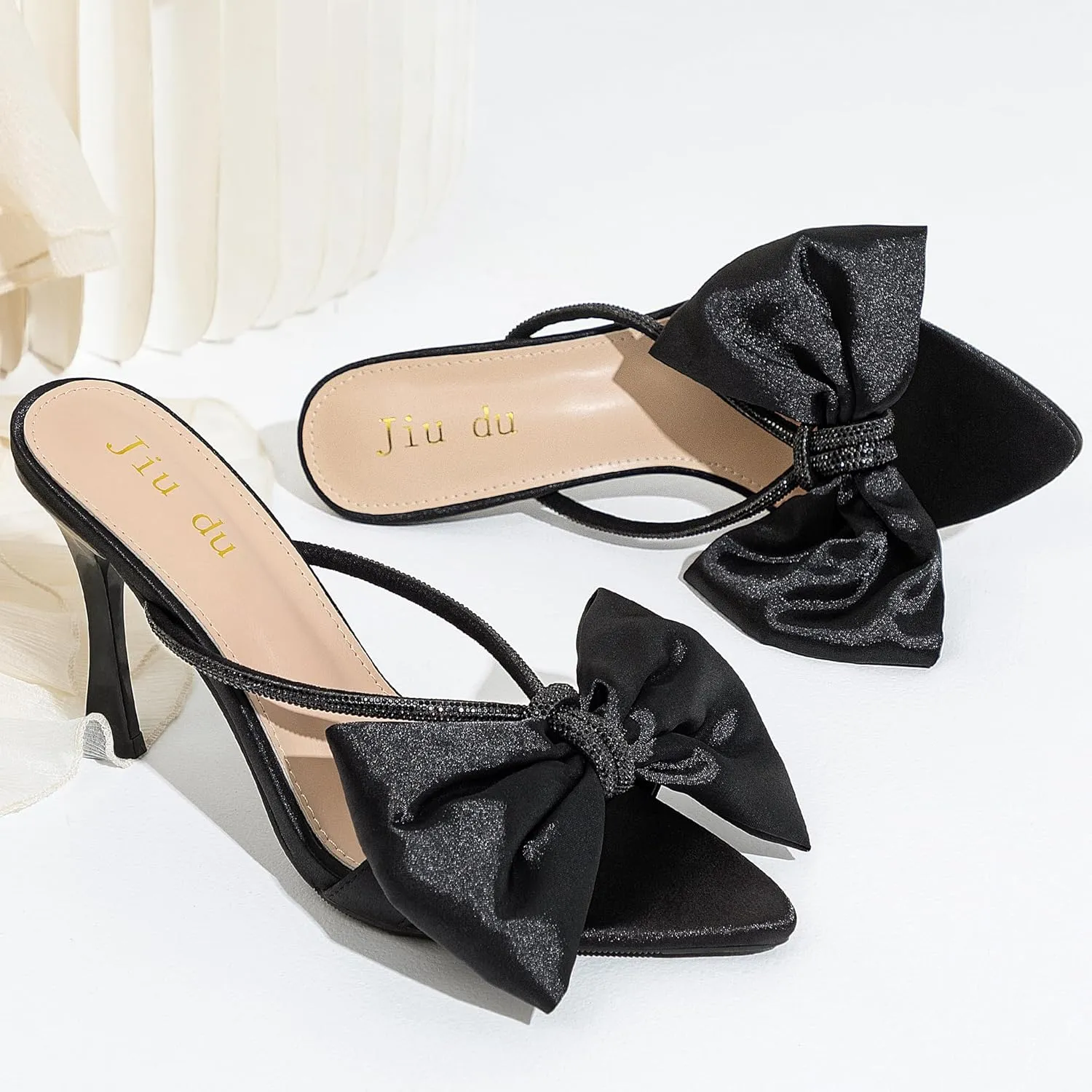 Jiu du Women's Bow Heels Sandals Rhinestone Kitten High Heels Pointed Toe Slip On Mules Heels Wedding Party Dress Pumps