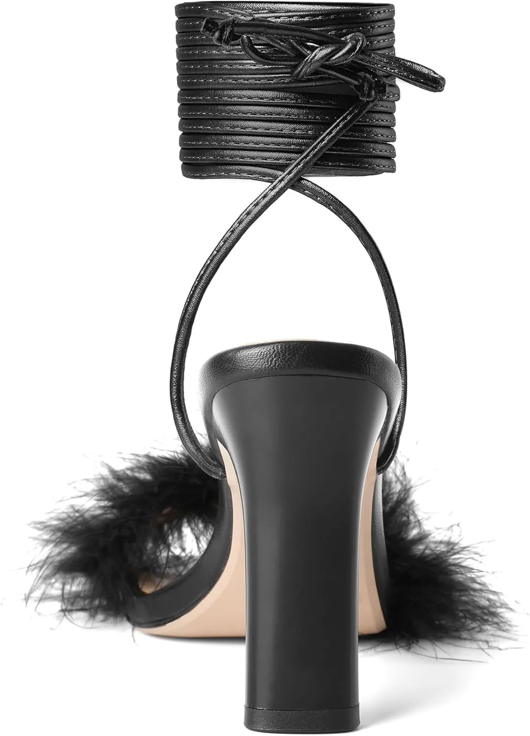Joseywade Chunky Heels For Women Faux Fur Feather High Heel 3.5" Heeled Sandals Open Toe Shoes