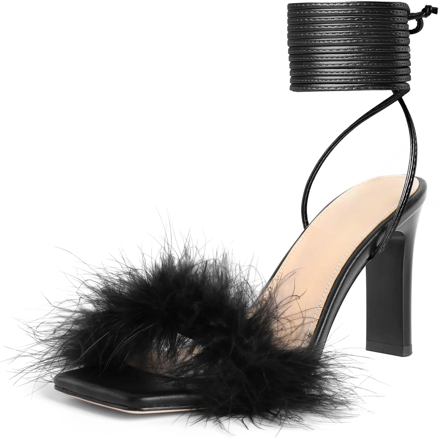 Joseywade Chunky Heels For Women Faux Fur Feather High Heel 3.5" Heeled Sandals Open Toe Shoes
