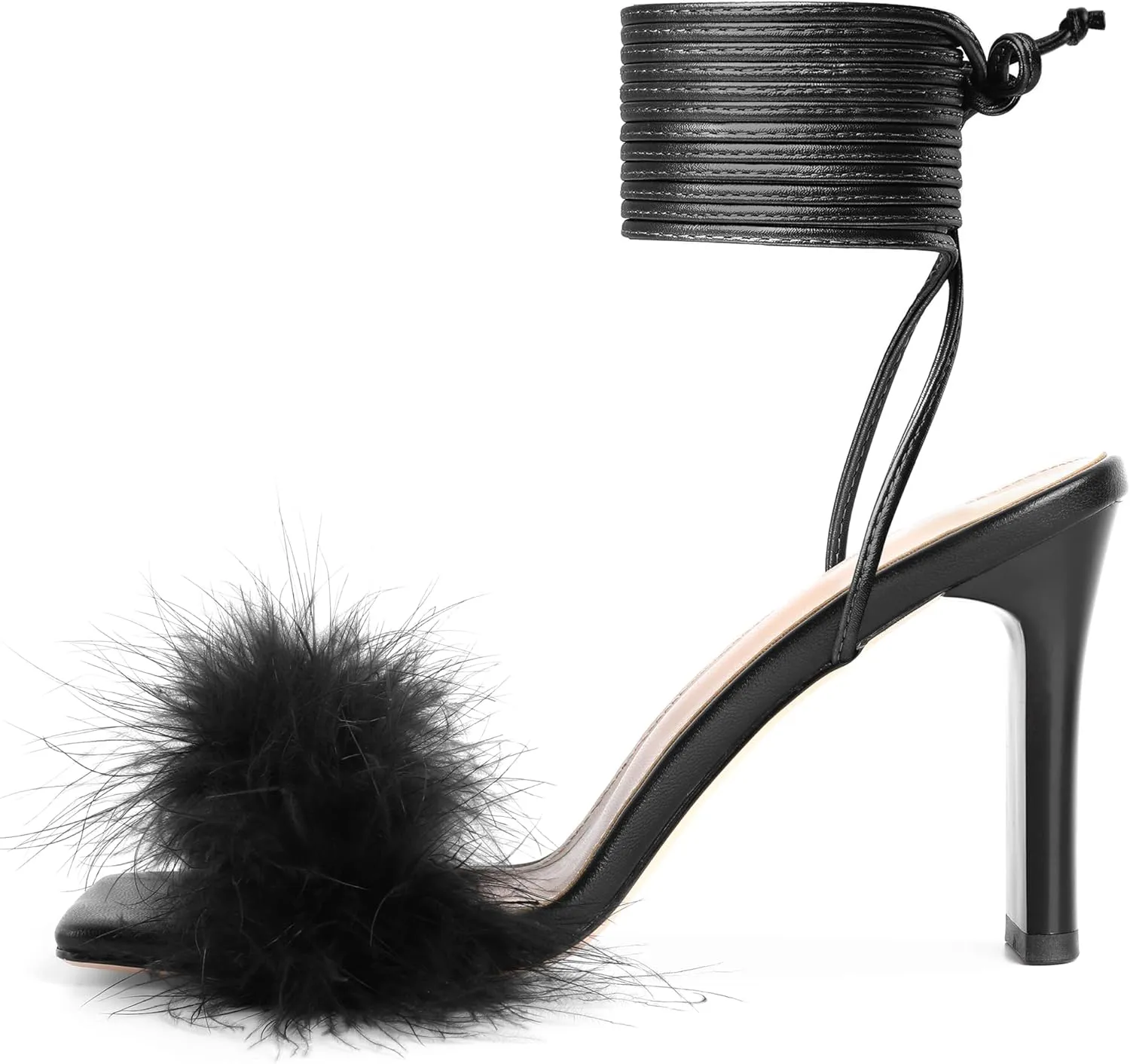 Joseywade Chunky Heels For Women Faux Fur Feather High Heel 3.5" Heeled Sandals Open Toe Shoes