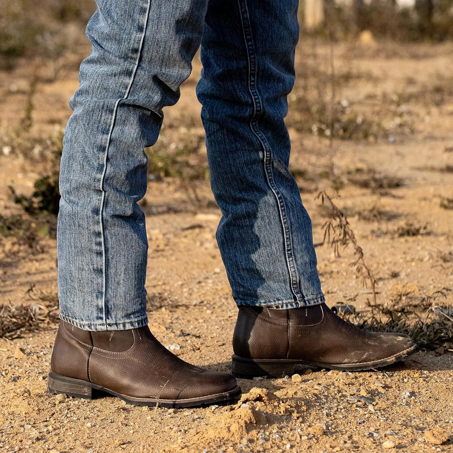 J's.o.l.e Cowboy Boots for Men Western Boots with Wide Square Toe Mid-Calf Boots Classic Embroidered Pull On Slip Resistant Boots Brown