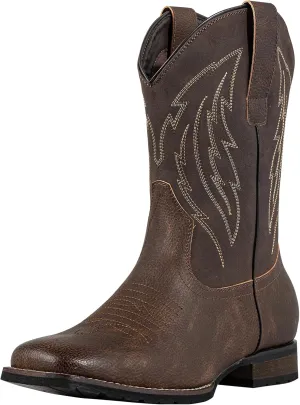 J's.o.l.e Cowboy Boots for Men Western Boots with Wide Square Toe Mid-Calf Boots Classic Embroidered Pull On Slip Resistant Boots Brown