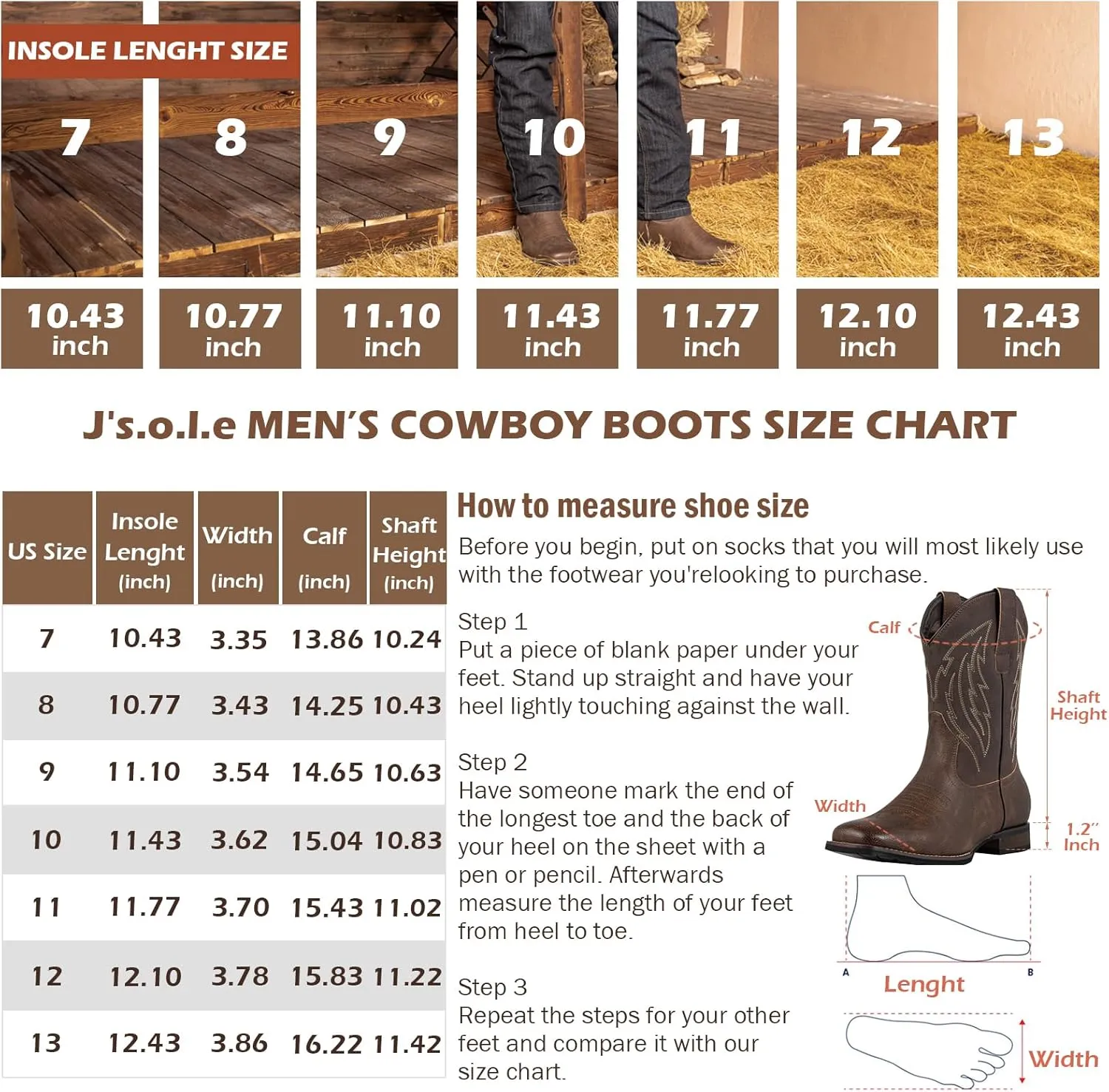 J's.o.l.e Cowboy Boots for Men Western Boots with Wide Square Toe Mid-Calf Boots Classic Embroidered Pull On Slip Resistant Boots Brown