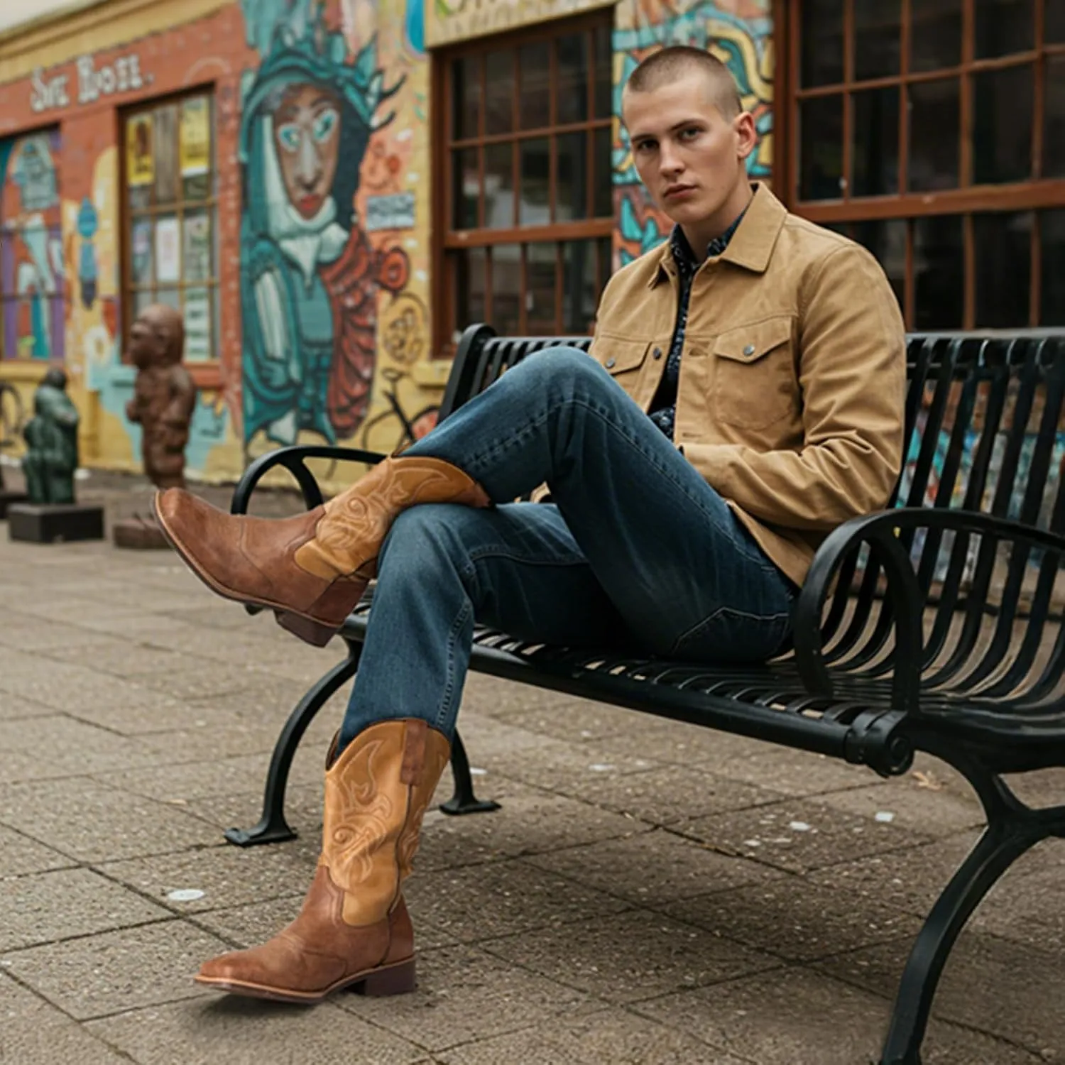 J's.o.l.e Cowboy Boots for Men Wide Square Toe Men's Western Boot Retro Classic Embroidered Country Boots