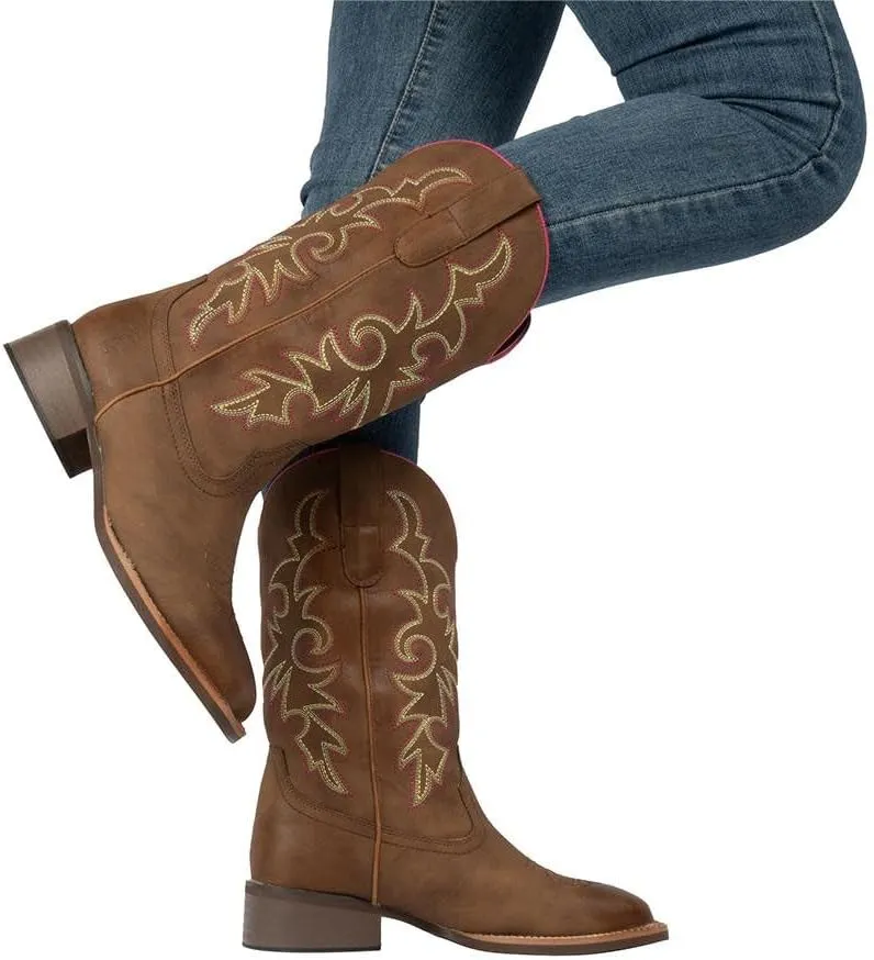 J's.o.l.e Fashion Cowboy Boots For Women Square Toe Wide Mid Calf Western Cowgirl Boots